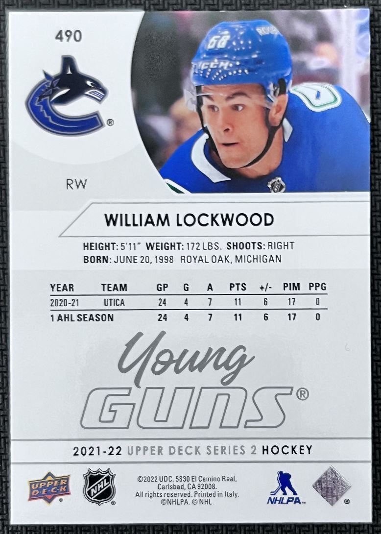 2021-22 Upper Deck William Lockwood Rookie Vancouver Canucks #490