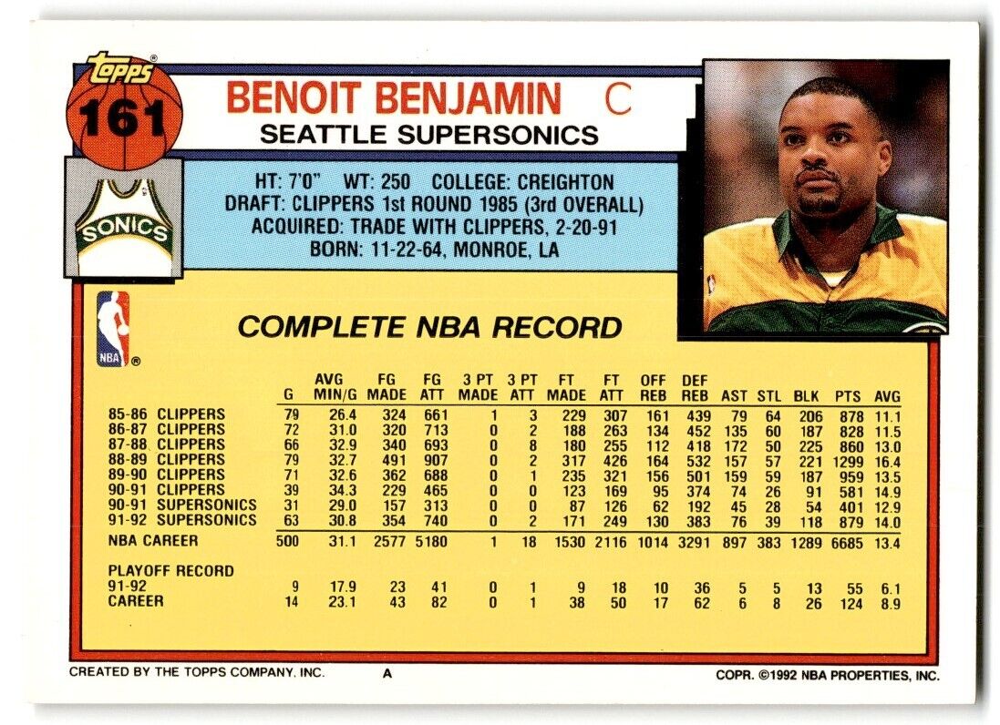 1992-93 Topps Benoit Benjamin Seattle SuperSonics #161