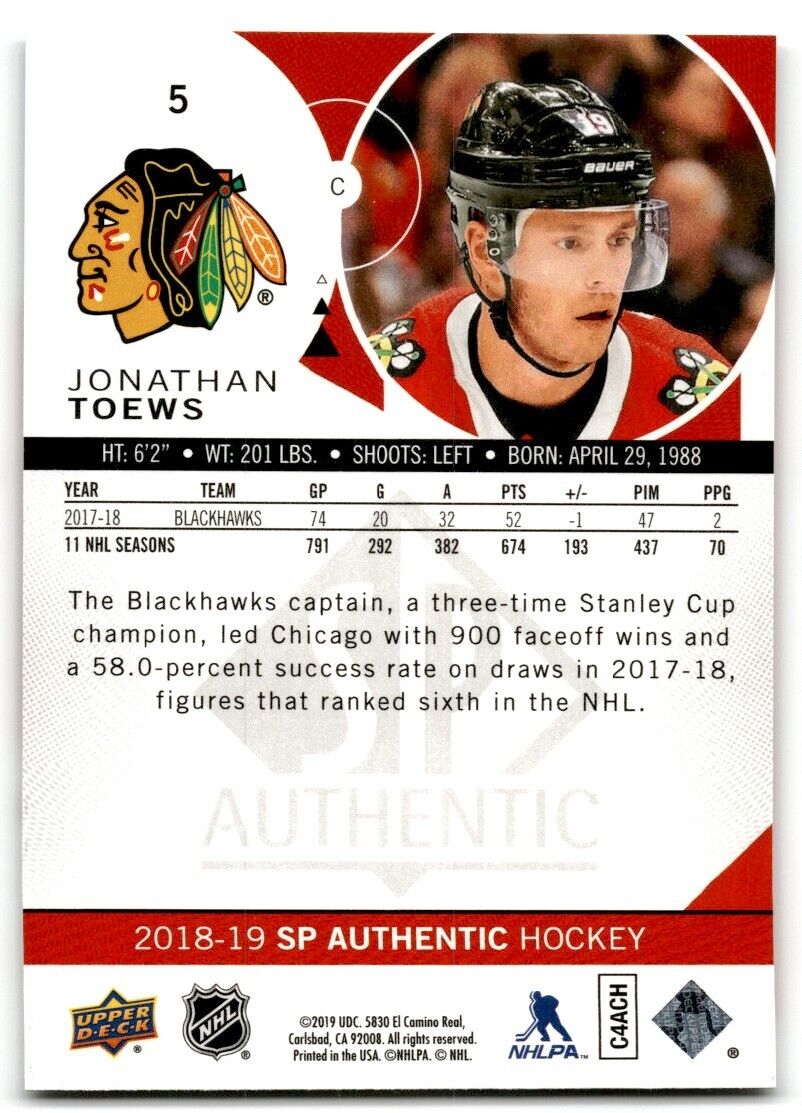 2018-19 SP Authentic Jonathan Toews Chicago Blackhawks #5