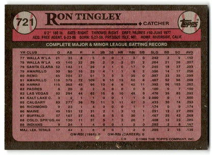 1989 Topps Ron Tingley Rookie Cleveland Indians #721