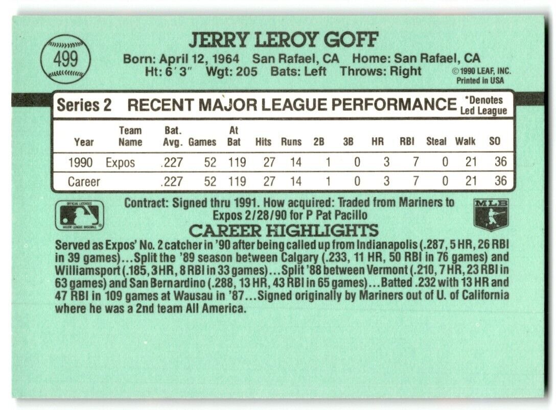 1991 Donruss Jerry Goff Montreal Expos #499