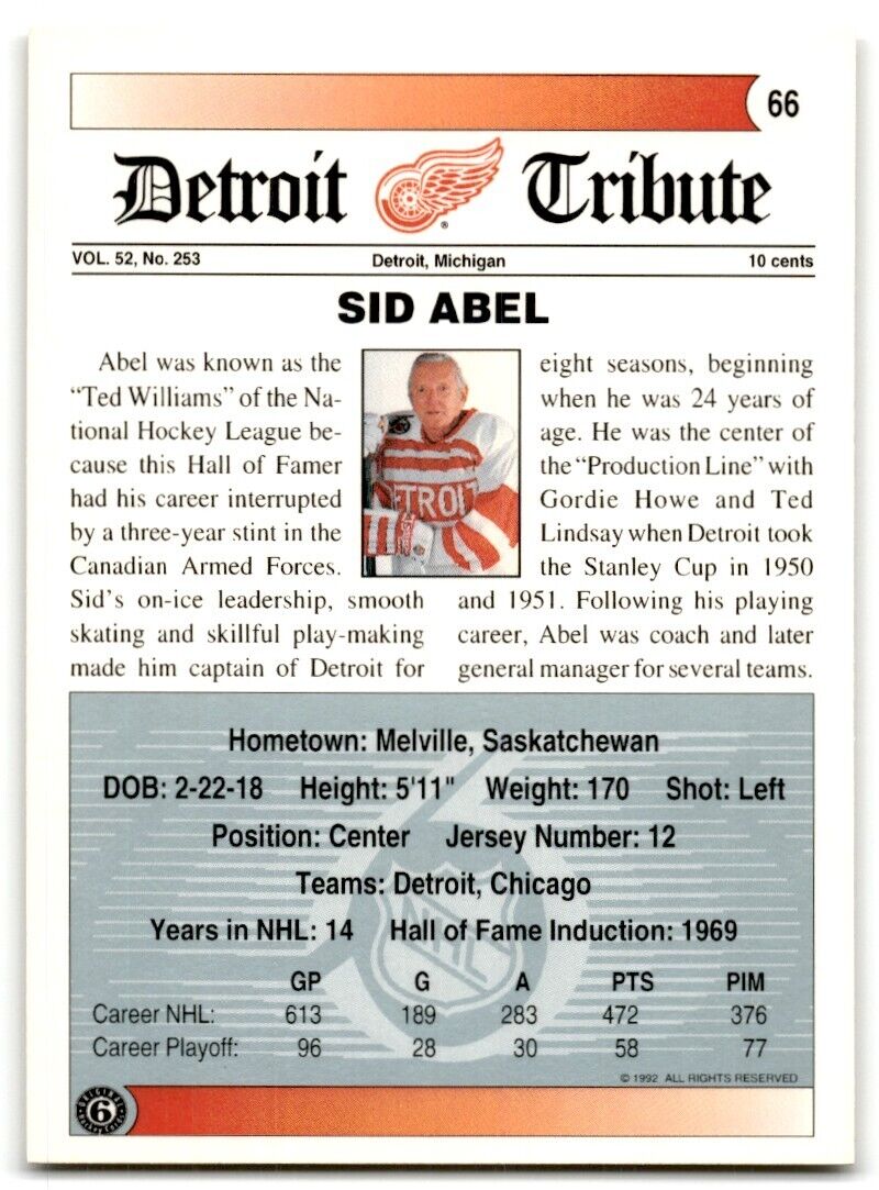 1991-92 Ultimate Original 6 French Sid Abel Detroit Red Wings #66