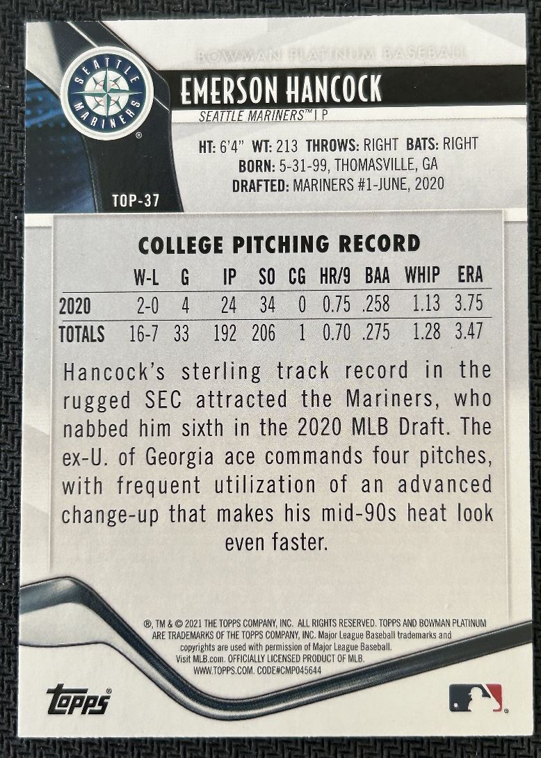 2021 Bowman Emerson Hancock Seattle Mariners #BFE-78