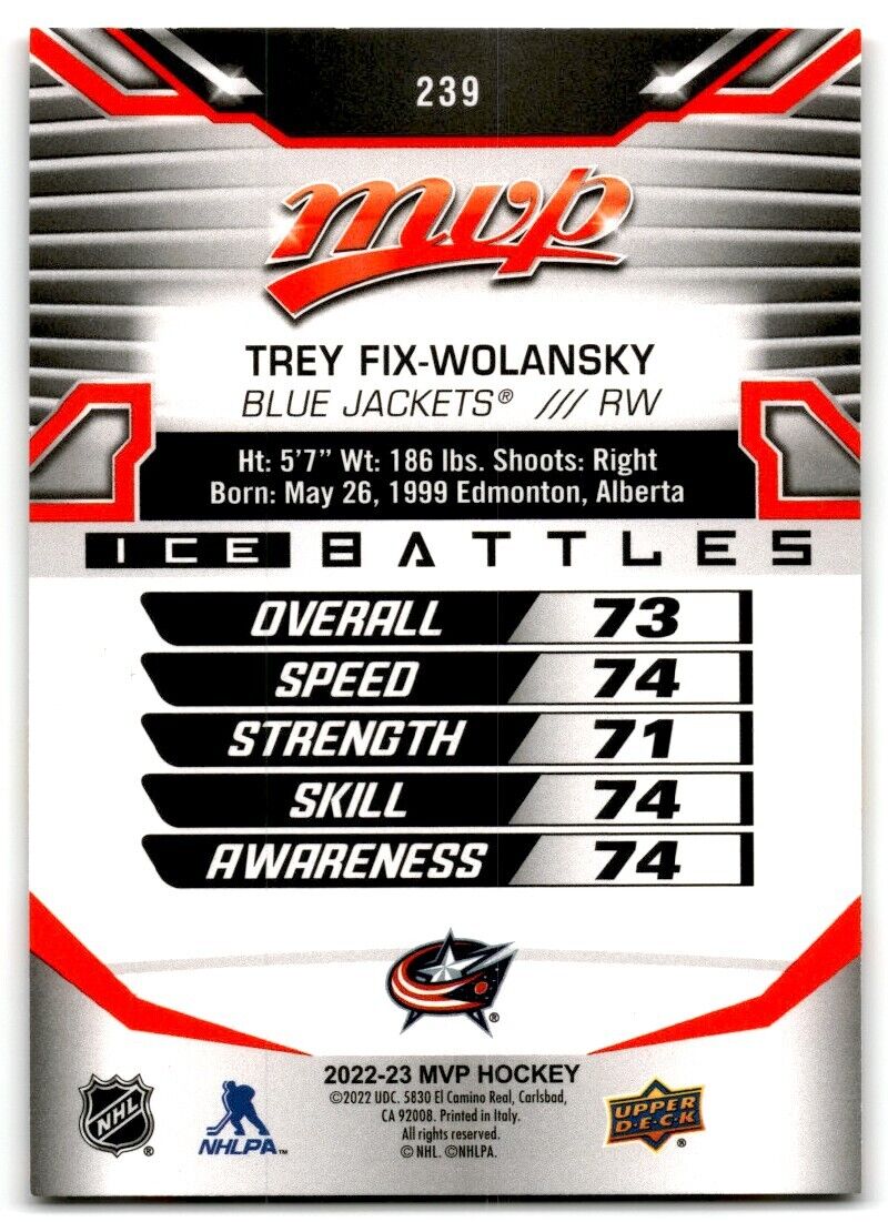 2022-23 Upper Deck MVP Ice Battles Trey Fix-Wolansky Rookie Columbus Blue