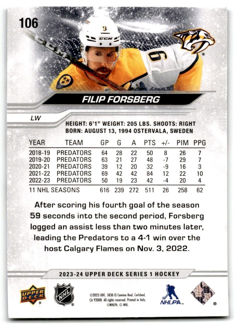 2023-24 Upper Deck Filip Forsberg Nashville Predators #106