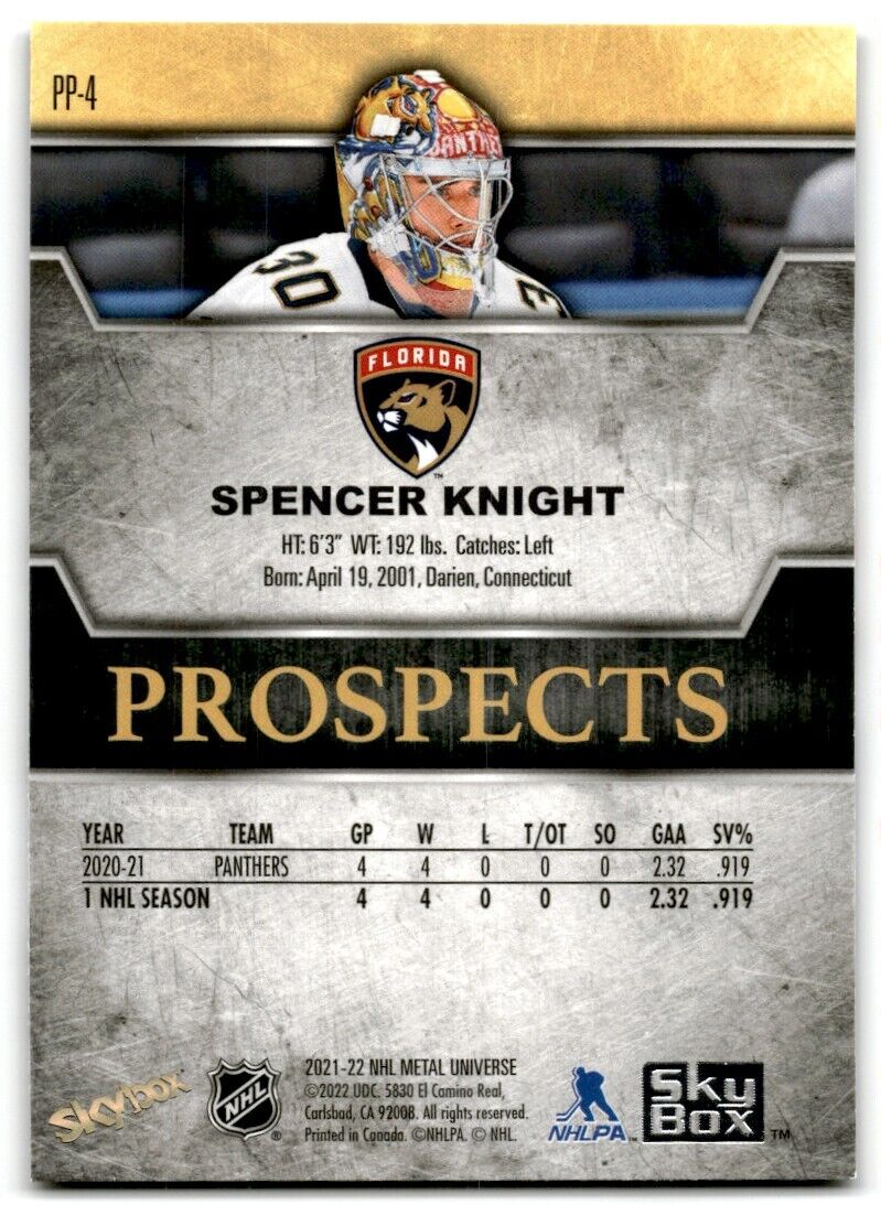 2021-22 Skybox Metal Universe Premium Prospects Spencer Knight Rookie Florida