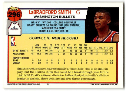 1992-93 Topps LaBradford Smith Washington Bullets #296