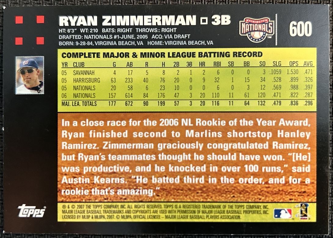 2007 Topps Ryan Zimmerman Washington Nationals #600