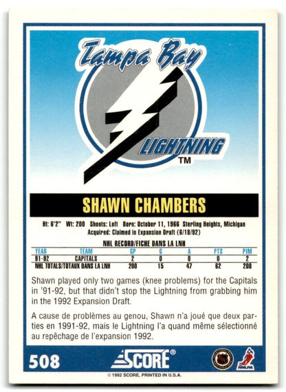 1992-93 Score Shawn Chambers Tampa Bay Lightning #508