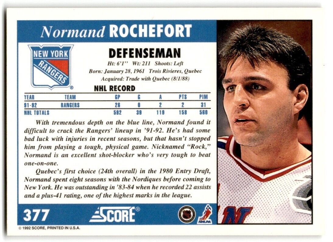 1992-93 Score Normand Rochefort New York Rangers #377