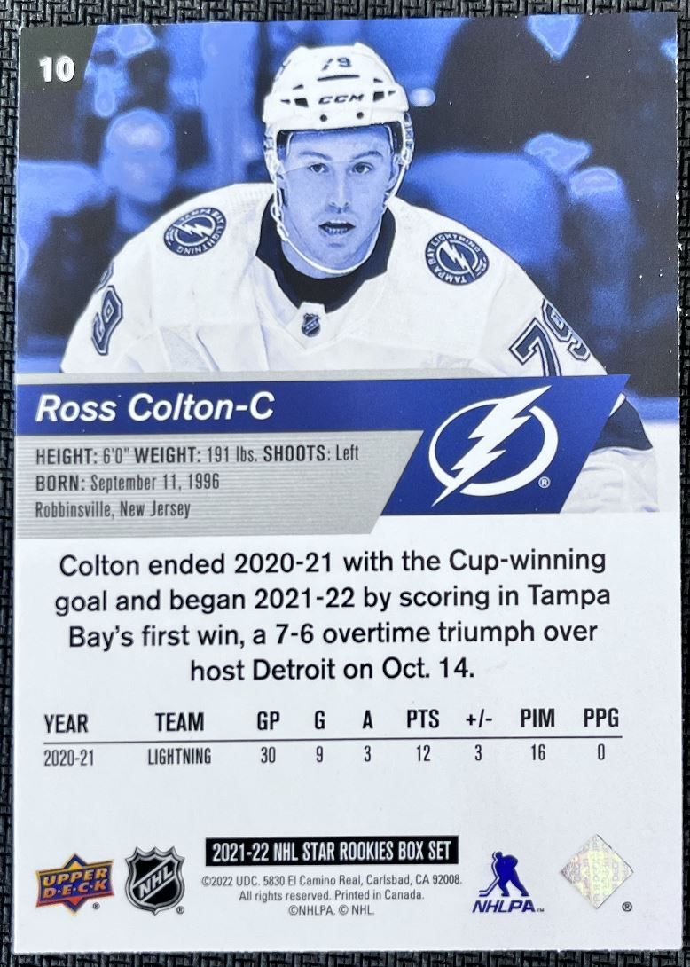 2021-22 Upper Deck NHL Star Rookie Ross Colton Rookie Tampa Bay Lightning #10