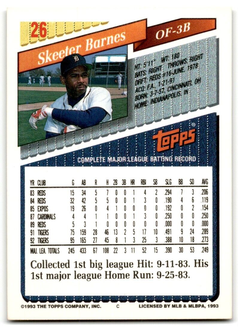 1993 Topps Inaugural Marlins Skeeter Barnes Detroit Tigers #26