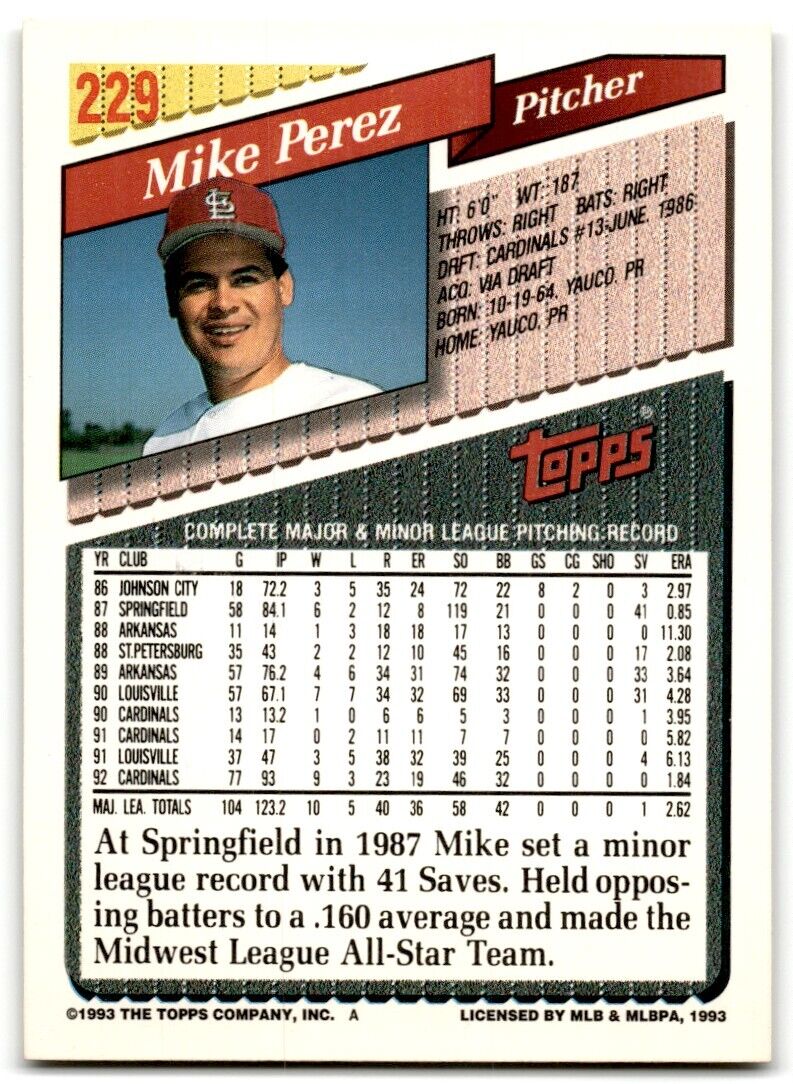 1993 Topps Gold Mike Perez St. Louis Cardinals #229