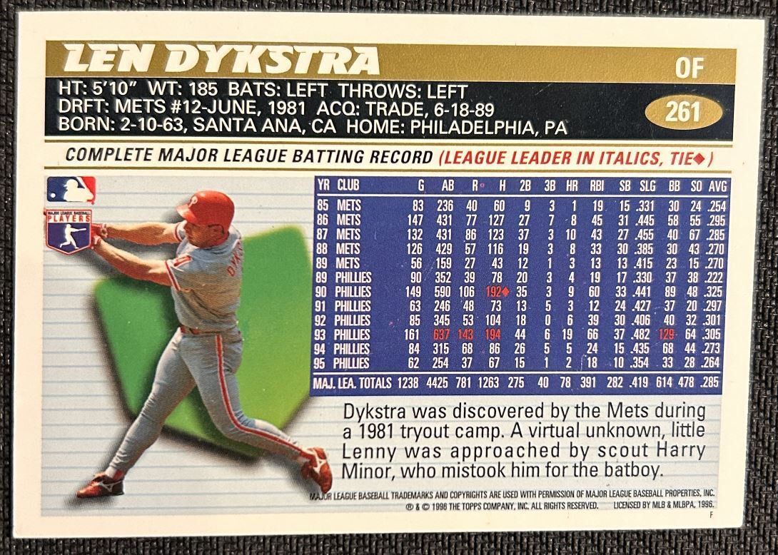 1996 Topps Lenny Dykstra Philadelphia Phillies #261