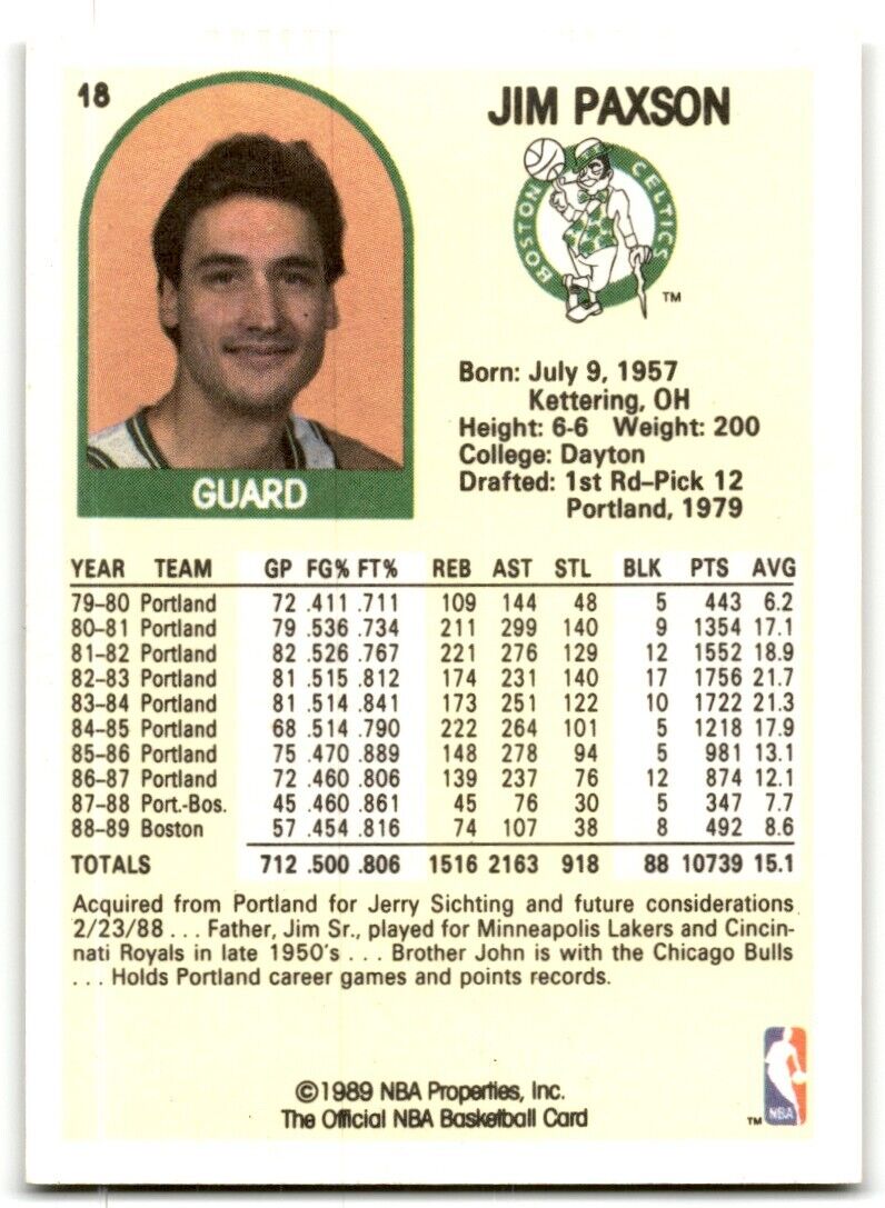 1989-90 Hoops Jim Paxson Boston Celtics #18