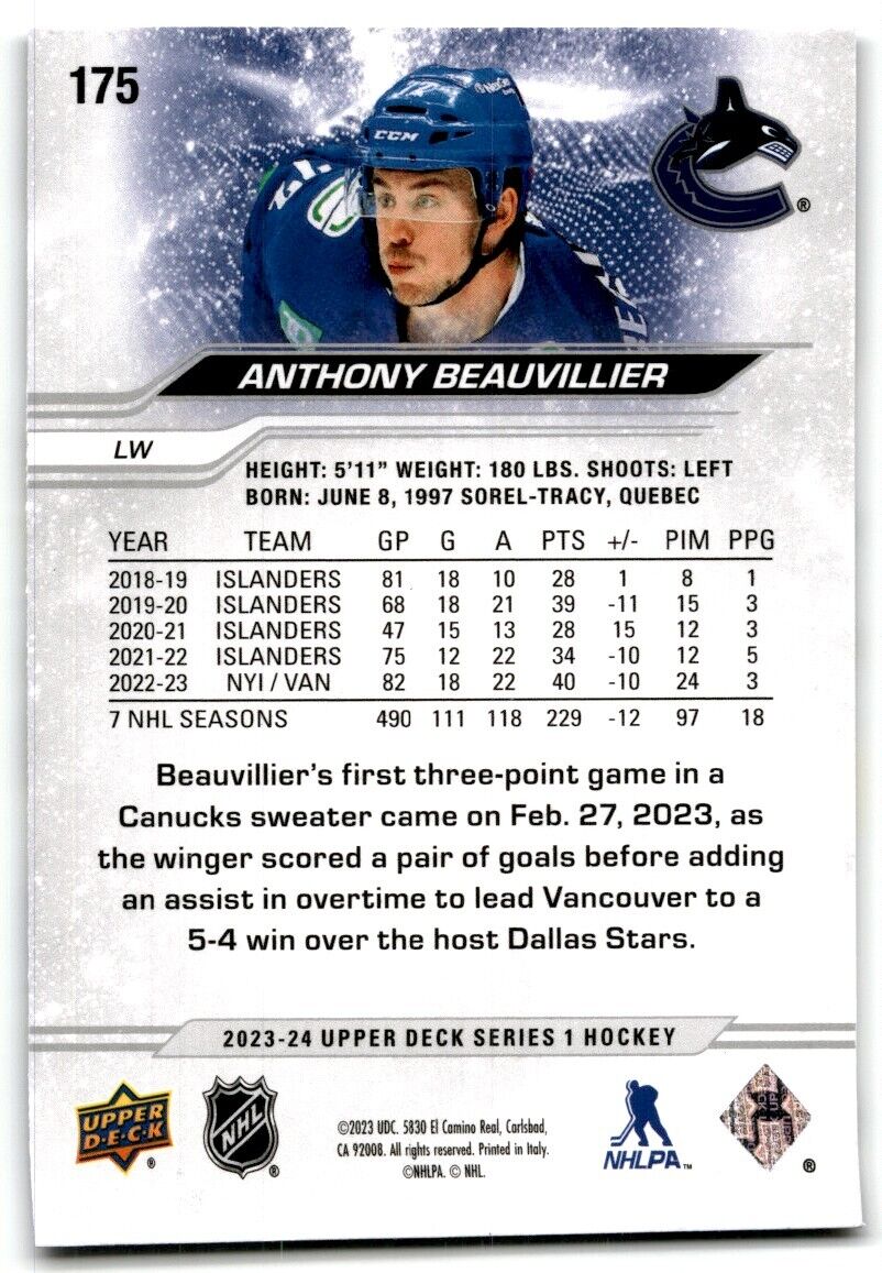 2023-24 Upper Deck Anthony Beauvillier Vancouver Canucks #175