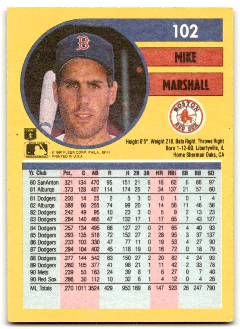 1991 Fleer Mike Marshall Boston Red Sox #102