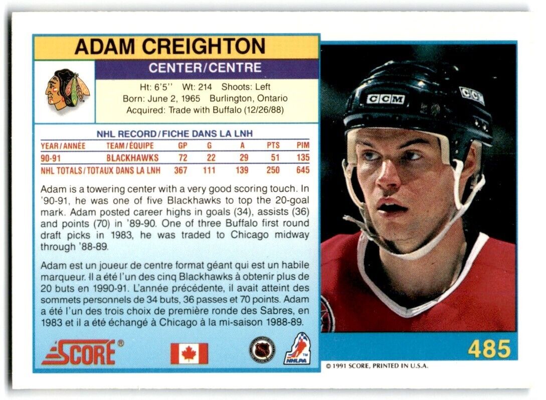 1991-92 Score Canadian Bilingual Adam Creighton Chicago Blackhawks #485