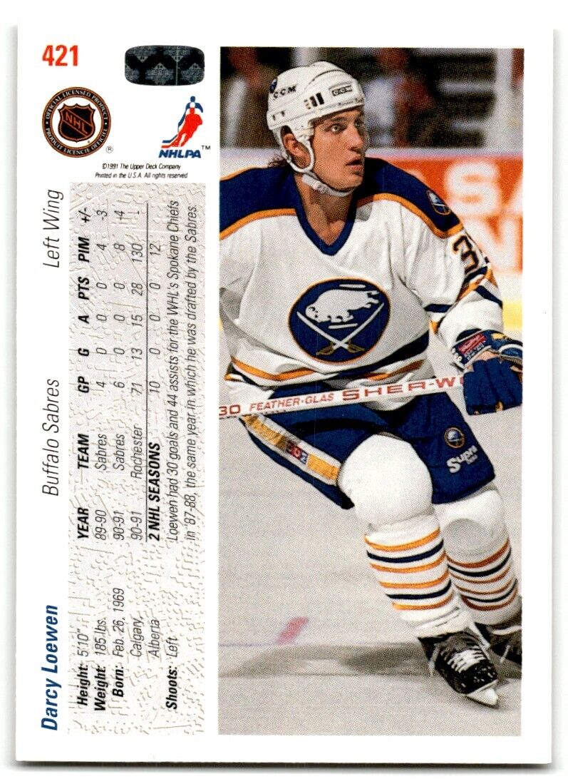 1991-92 Upper Deck Darcy Loewen Rookie Buffalo Sabres #421