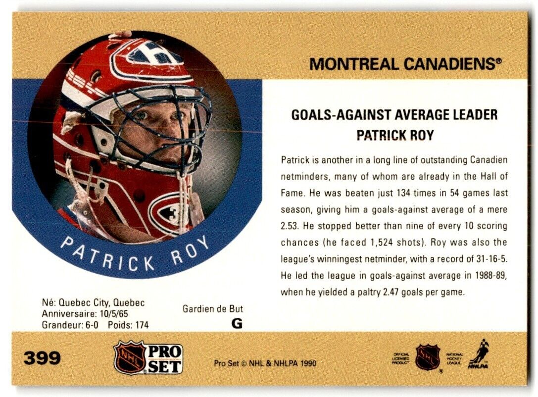 1990-91 Pro Set Patrick Roy Montreal Canadiens #399