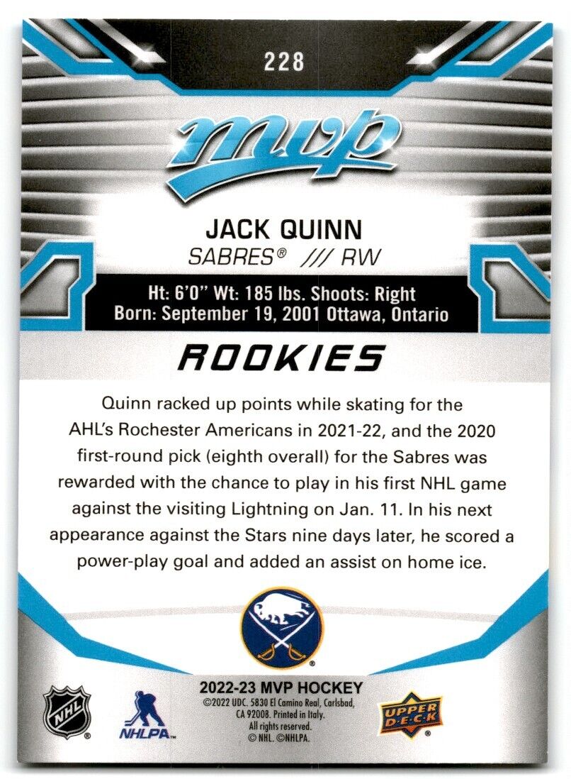 2022-23 Upper Deck MVP Jack Quinn Rookie Buffalo Sabres #228