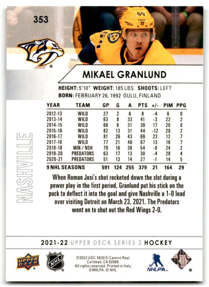 2021-22 Upper Deck Mikael Granlund Nashville Predators #353