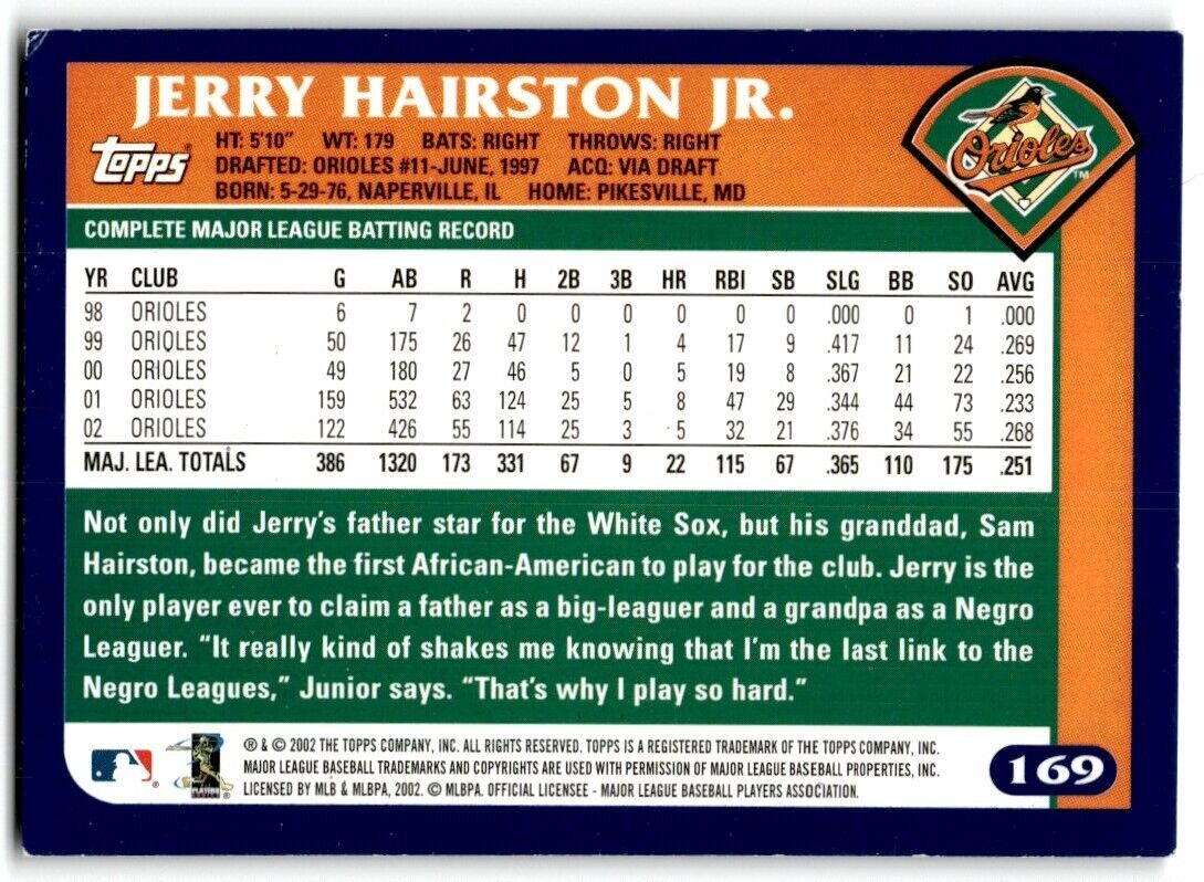 2003 Topps Jerry Hairston Jr. Baltimore Orioles #169