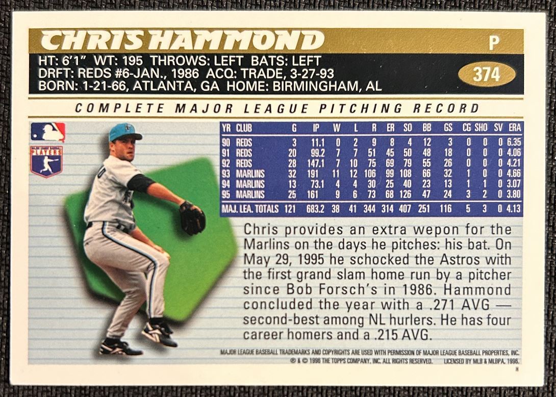 1996 Topps Chris Hammond Florida Marlins #374