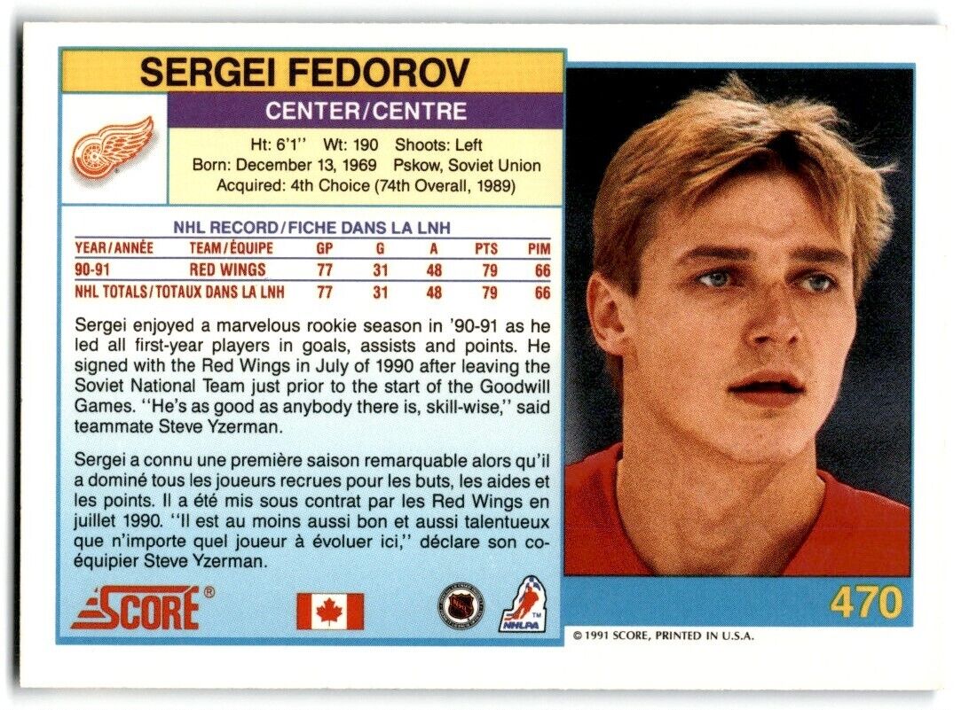 1991-92 Score Canadian Bilingual Sergei Fedorov Detroit Red Wings #470