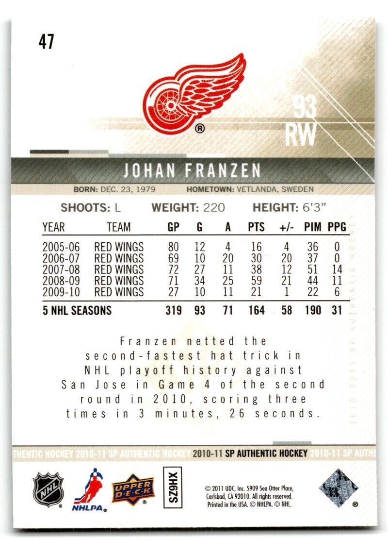 2010-11 SP Authentic Johan Franzen Detroit Red Wings #47