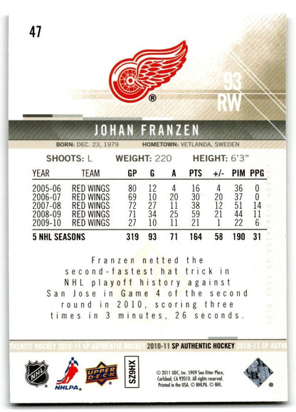 2010-11 SP Authentic Johan Franzen Detroit Red Wings #47