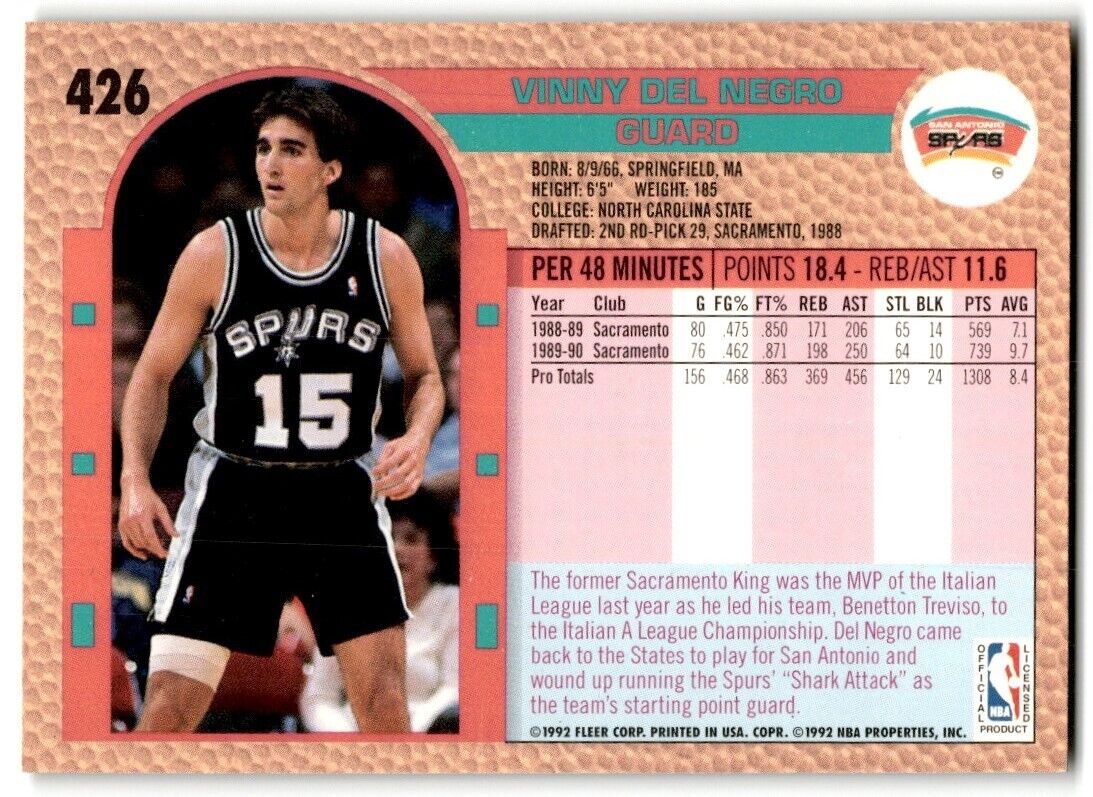 1992-93 Fleer Vinny Del Negro San Antonio Spurs #426