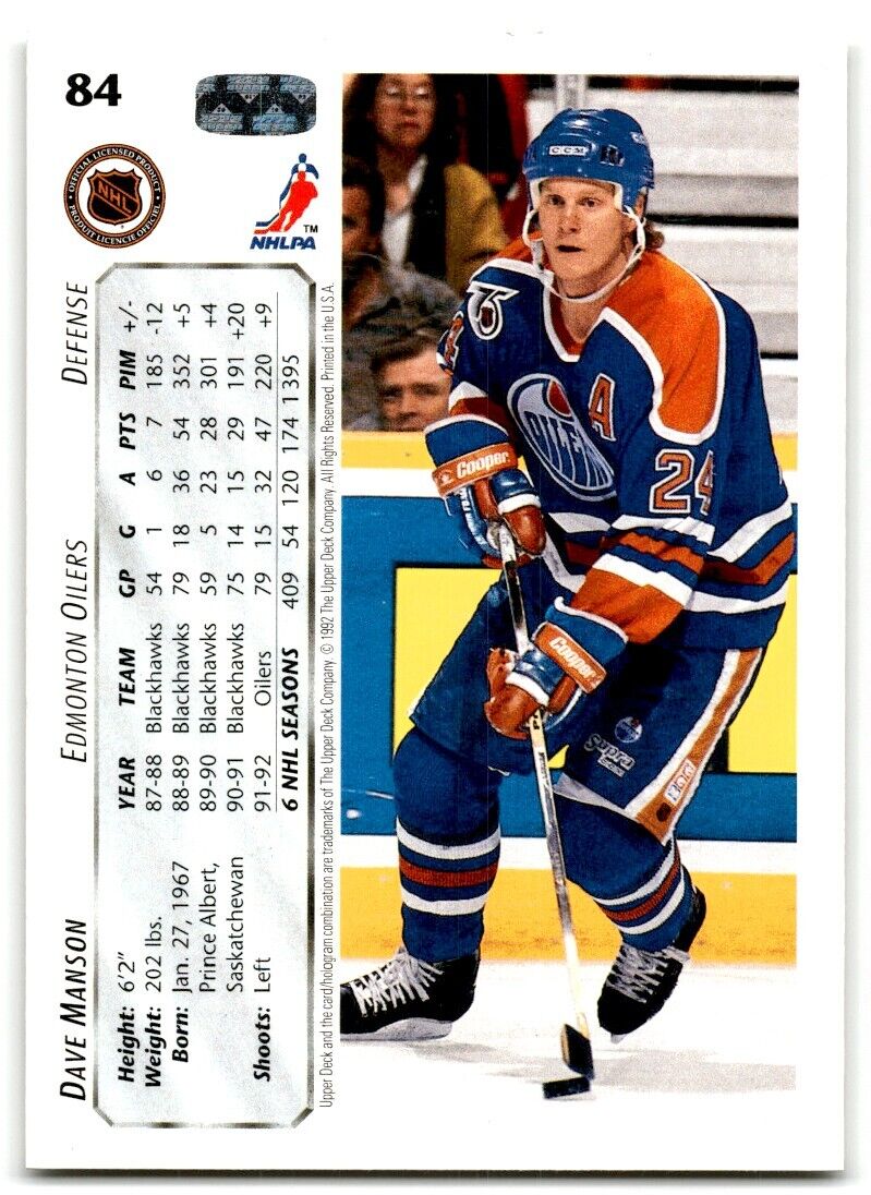 1992-93 Upper Deck Dave Manson Edmonton Oilers #84