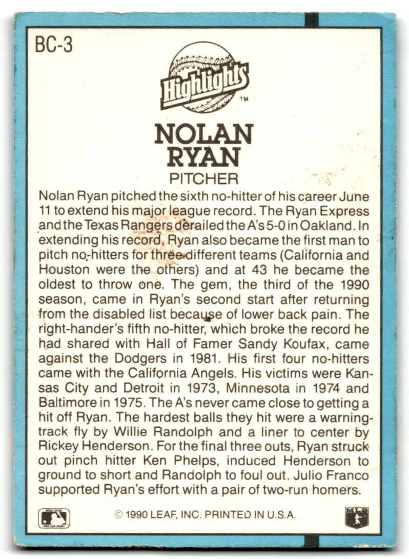 1991 Donruss Bonus Cards Nolan Ryan Texas Rangers #BC-3