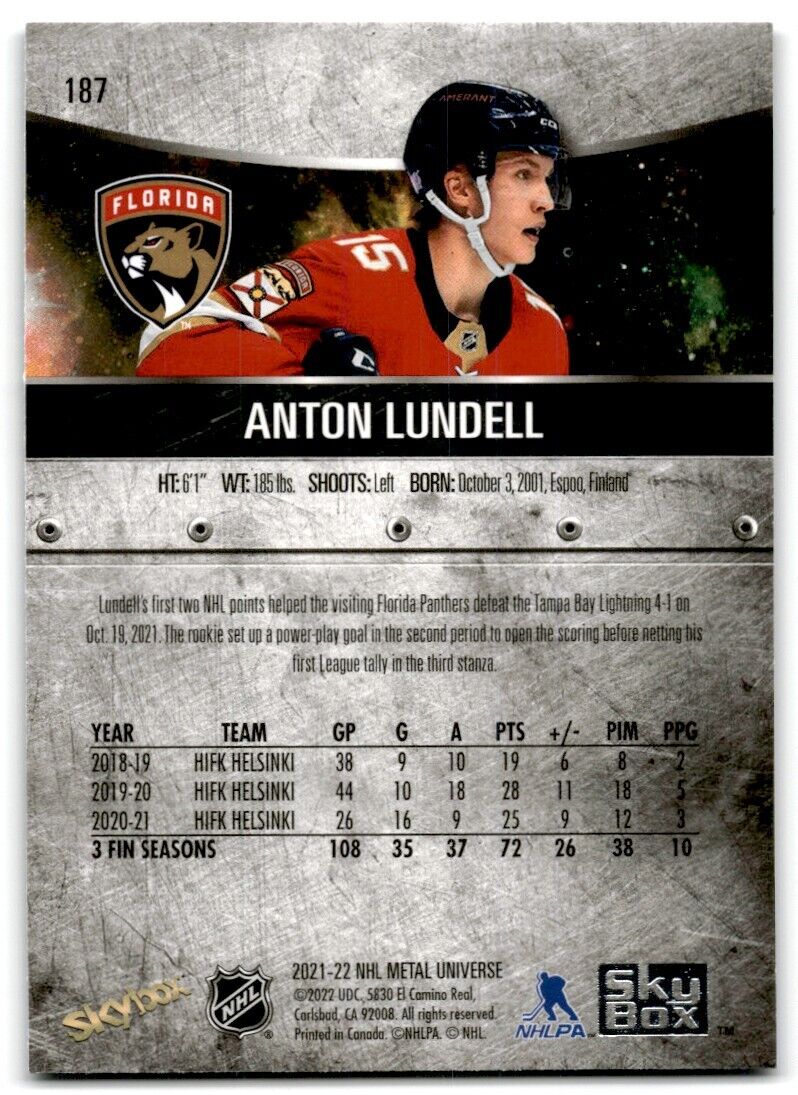 2021-22 Skybox Metal Universe Anton Lundell Rookie Florida Panthers #187