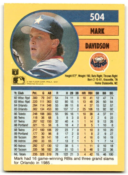 1991 Fleer Mark Davidson Houston Astros #504