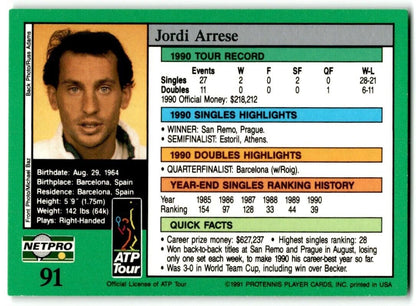 1991 Protennis player Cards Netpro Tour Star Jordi Arrese #91