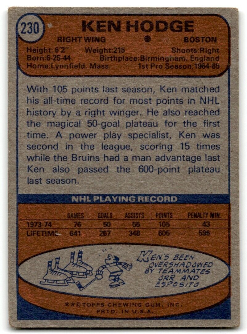 1974-75 Topps Ken Hodge Boston Bruins #230