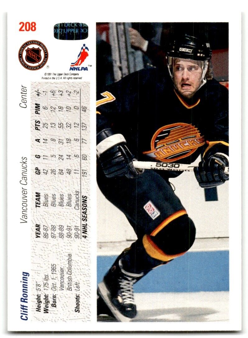 1991-92 Upper Deck Cliff Ronning Vancouver Canucks #208