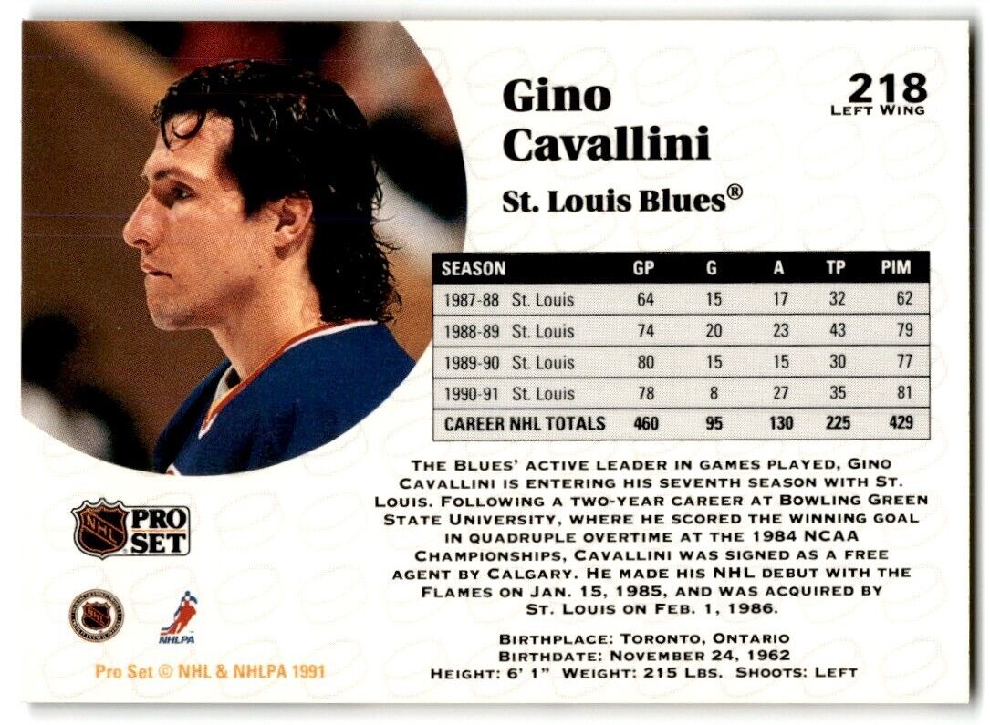 1991-92 Pro Set Gino Cavallini St. Louis Blues #218