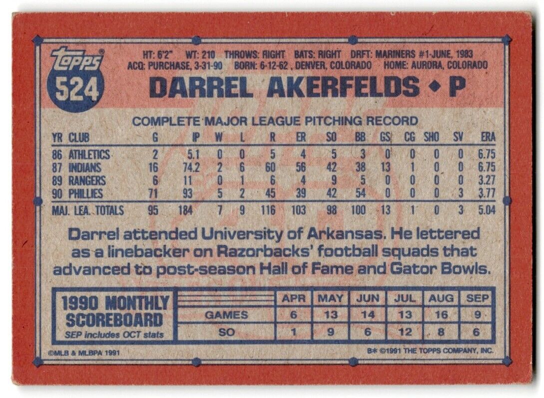 1991 Topps Darrel Akerfelds Philadelphia Phillies #524