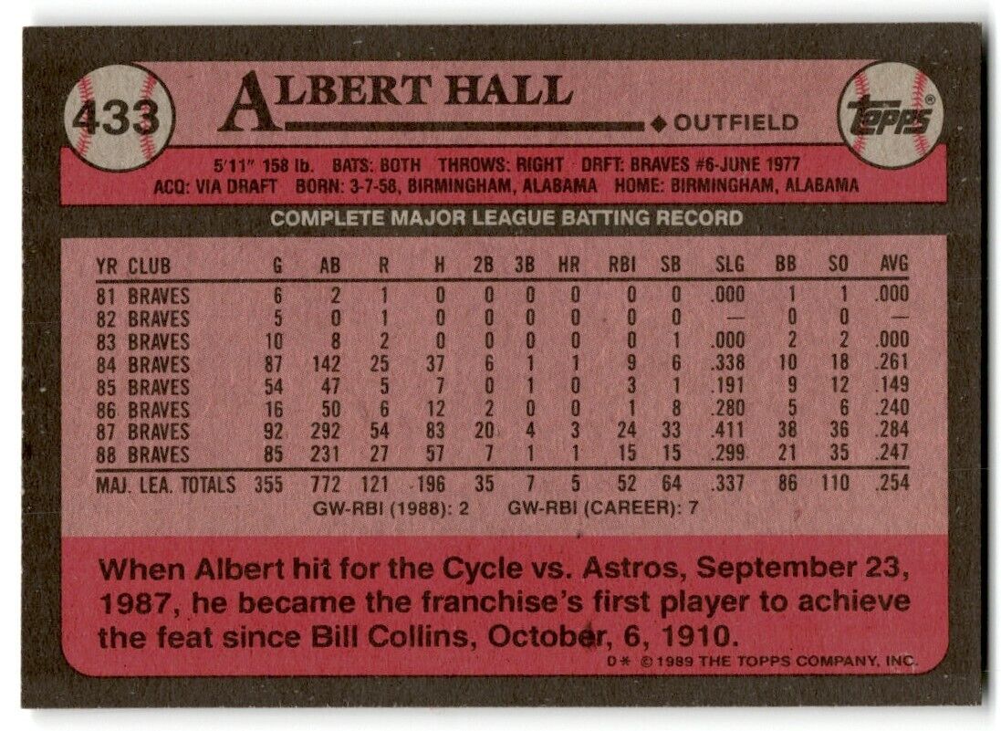 1989 Topps Albert Hall Atlanta Braves #433