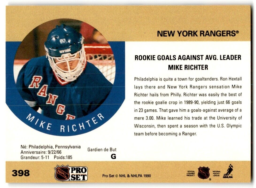 1990-91 Pro Set Mike Richter New York Rangers #398