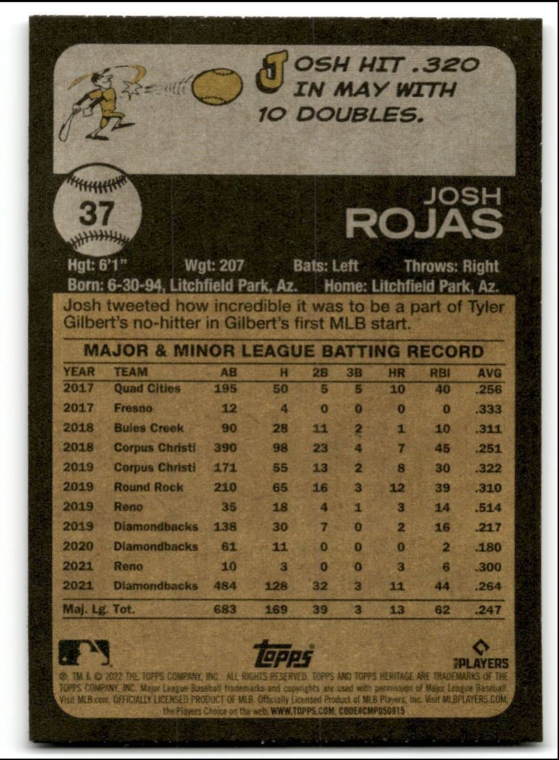 2022 Topps Heritage Josh Rojas Arizona Diamondbacks #37