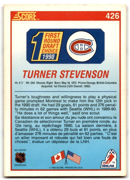 1990-91 Score Turner Stevenson Rookie Montreal Canadiens #426