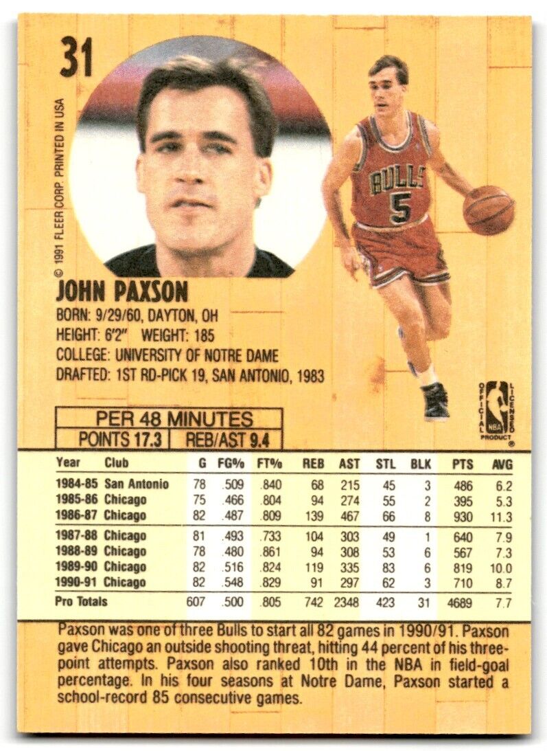 1991-92 Fleer John Paxson Chicago Bulls #31