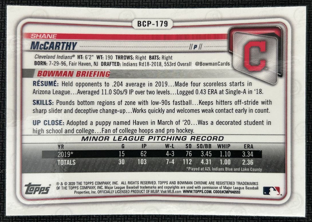 2020 Bowman Chrome Prospects Mojo Shane McCarthy Cleveland Indians #BCP-179