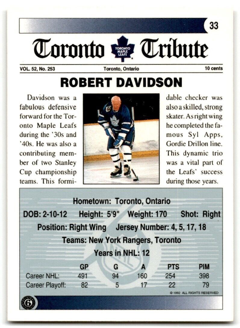 1991-92 Ultimate Original 6 Bob Davidson Toronto Maple Leafs #33