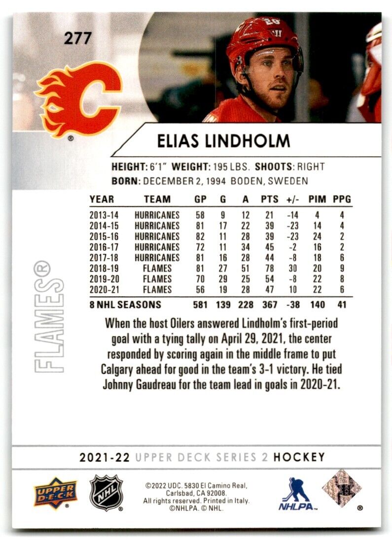 2021-22 Upper Deck Elias Lindholm Calgary Flames #277