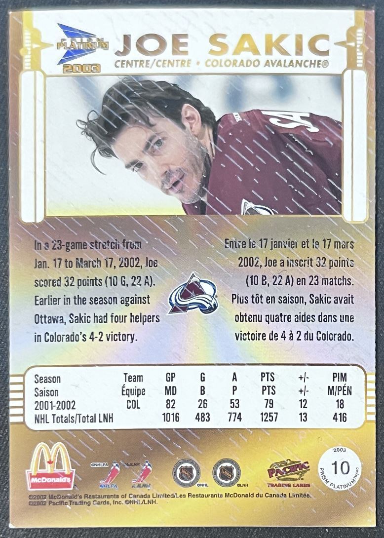 2002-03 Pacific McDonald's Joe Sakic Colorado Avalanche #10